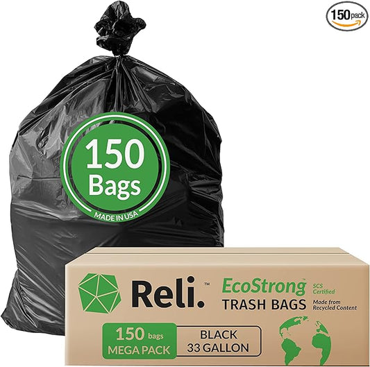 Reli. EcoStrong 33 Gallon Trash Bags | 150 Count Bulk | Black | Eco-Friendly | Made from Recycled Material