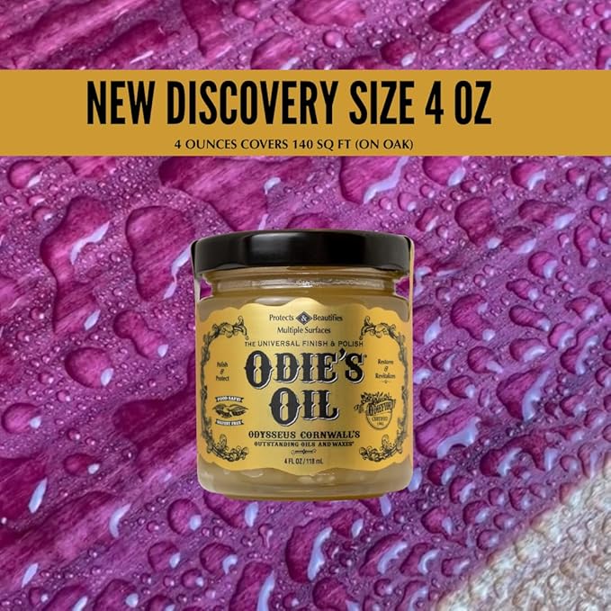 Odie's Oil - Universal Finish for Wood, Leather, Plastic, Vinyl, Metal & More - 4 Oz Jar - Waterproof, Food Safe, Solvent Free Non-Toxic Finish