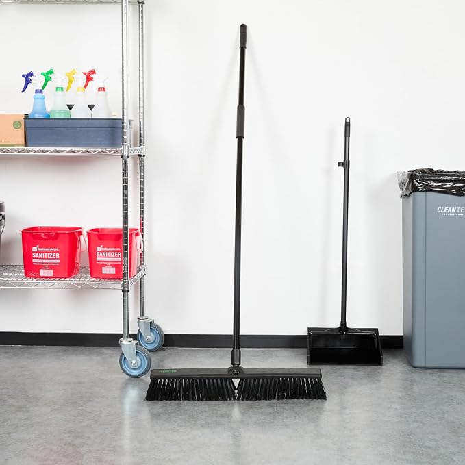 Restaurantware-Clean Tek Professional 23.62 Inch Push Broom, 1 Heavy-Duty Broom with 59” Handle - Medium Bristles, 2 Handle Attachment, Wooden, Commercial Use, for Deck, Garage, Yard, Patio