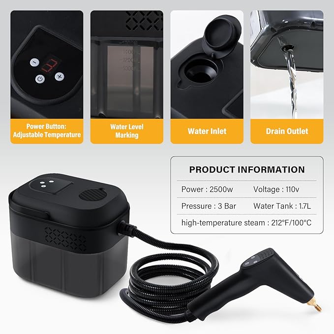 Lamberia Steam Cleaner with 16pcs Accessories, 2500W 1700ml 1.8 Quarts Tank, 6-Level Adjustable Portable Handheld Pressurized Steamer, 15s Heat-Up Steam Cleaner for Home, Car, Kitchen(Black, US Plug)