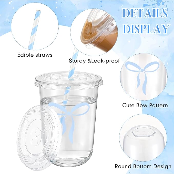 LemonRoad 50sets 16oz Blue Bow Cups Blue Birthday Party Decorations Supplies Cute Plastic Cups Disposable with Lids and Straws, for Valentines Galentines Day Christmas Wedding Baby Shower Decorations