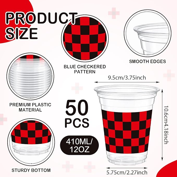 Qinyoung Checkered Plastic Cups 12oz Gingham Party Disposable Cups Bulk Drinking Cup for Cold Drinks Baby Shower Wedding Summer Birthday Party Supplies(Red and Black,50 Pcs)