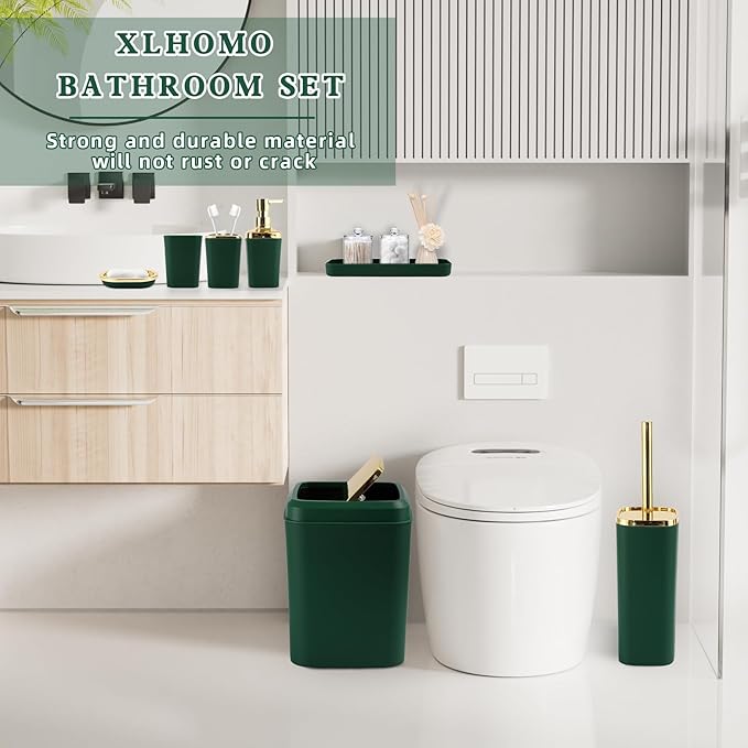 XLHOMO Dark Green Bathroom Accessories, 24 Pieces Green and Gold Bathroom Accessories Set with Shower Curtain, Bath Towels, Trash Can, Soap Dispenser and Soap Dish for Bathroom/Housewarming