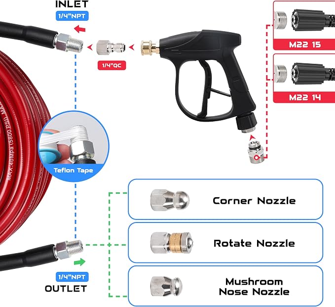 Sewer Jetter Kit for Pressure Washer 50 FT, Drain Cleaner Hose with Power Washer Gun, 1/4 Inch NPT Corner, Rotating and Button Nose Sewer Jetting Nozzle,Waterproof Tape, Pearl Corsage Pin, Spanner
