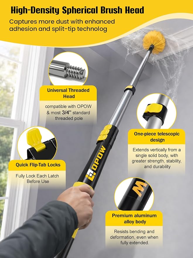 5-to-18 Foot Cobweb Duster with Extension Pole, Opow 25 Ft High Reach and 2 Replaceable Cleaning Washable Spider Web Brush Heads and Universal Joint Angle Adaptor Heavy Duty for Indoor & Outdoor Use