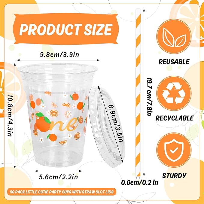 Whaline 50Pcs Little Cutie Disposable Plastic Cups with Lids and Straws 12Oz Cute Orange Citrus Cold Beverage Drinking Cups for First Birthday Baby Shower Party Supplies