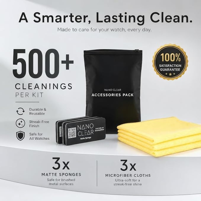 Nano Clear Accessories Pack – 3 Matte Sponges & 3 Microfiber Cloths | Watch Cleaning & Care Kit | Scratch-Free, Reusable, Lint-Free Cloth for Watches & Jewelry