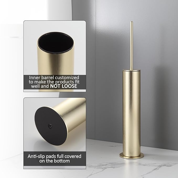 BGL Toilet Brush with Holder Set Brushed Gold Aluminium Standing for Bathroom Toilet Bowl Cleaner Brush and Holder Set, Round Design