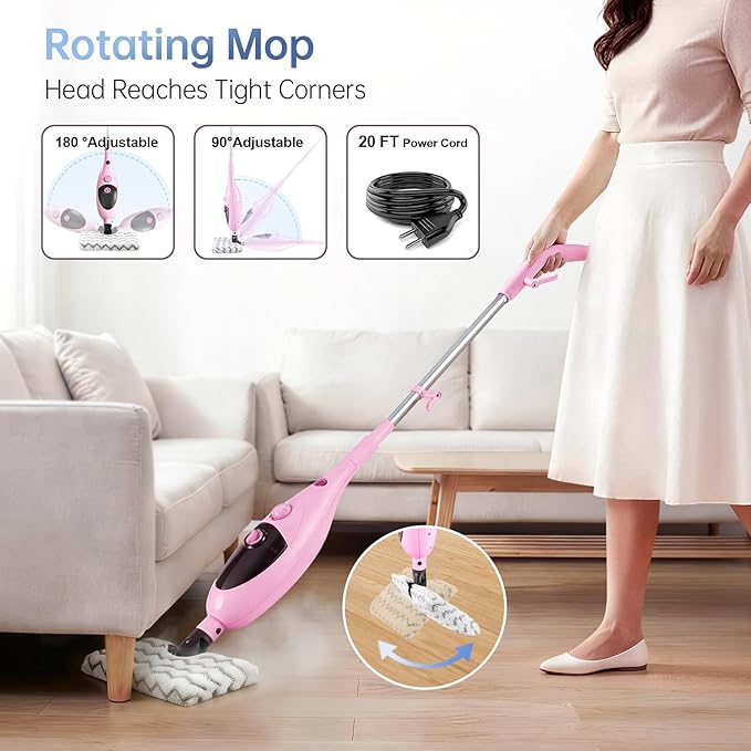 12-in-1 Steam Mop Cleaner, 15-Sec Fast Heat-Up, 1200W Floor Steamer with Double-Sided Pads, Removes 99.99% Stubborn Stains for Hardwood Floors, Marble, Clothes, Windows, Tiles, White