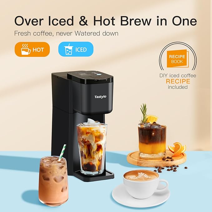 Tastyle Mini Hot and Iced Coffee Maker with 30 Descaler Cleaner Tablets, Single Serve Coffee Maker for K Cup and Grounds, 6 to 14 Oz Brew Sizes