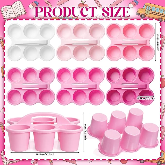 Suclain 6 Pcs Caddy Storage Basket with Handle, Plastic Drink Cup Caddy Holder, 6 Compartments for Table, Office, Arts, Crafts, Crayon, Marker, Pencil(Pink)