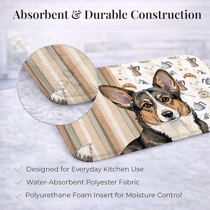 Caroline's Treasures Brindle Cardigan Welsh Corgi Coffee Bar Dish Drying Mat Absorbent Dish Drying Mat Pad for Kitchen Counter Dish Drainer Mat for Countertop, 14 x 21", Multicolor