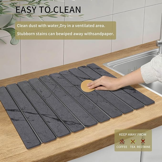 Stone Dish Drying Mat for Kitchen Counter - Large Foldable Marbled Quick Drying Dish Mats With Stone Coasters Set of 4 Collapsible Ultra Absorbent Diatomaceous Earth Mats for Bathroom (Grey)