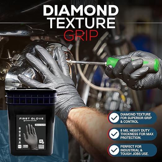 First Glove 8 Mil Black Nitrile Gloves Bucket - 500 Count 2X-Large Raised Diamond Textured Heavy Duty Industrial Gloves for Automotive & Mechanic Work - Latex Free, Powder Free, Bulk