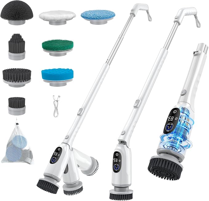 Electric Spin Scrubber, Cordless Power Scrubber with Adjustable Long Handle, 3 Speeds with IPX7 Shower Scrubber, 8 Brush Heads, Electric Cleaning Brush for Bathroom/Kitchen/Bathtub/Crack/Floor/Car