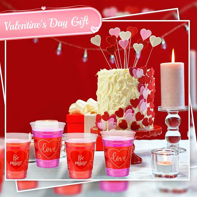 Meanplan 100 Pcs 12 oz Valentine Plastic Cups Bulk Valentine Drinking Cups Pink Heart Glasses Drinking Galentine Day Party Favor Supplies for Beverages Iced Juice Wedding Anniversary(Be Mine Style)