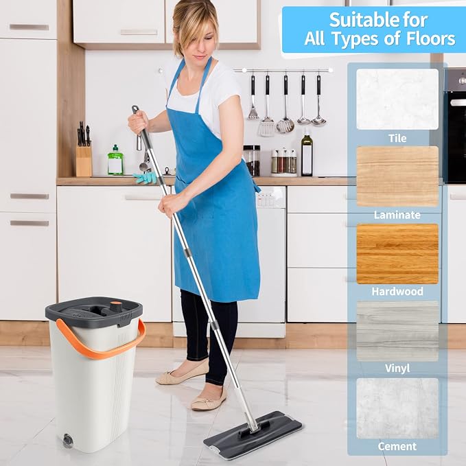 Lascpt Flat Mop and Bucket with Wringer Set, 3-Chamber Design Separates Dirty and Clean Water, Wet and Dry Use, Automatic Wringing Home Floor Wall Cleaning Mop, 4 Reusable Microfiber Mop Pads