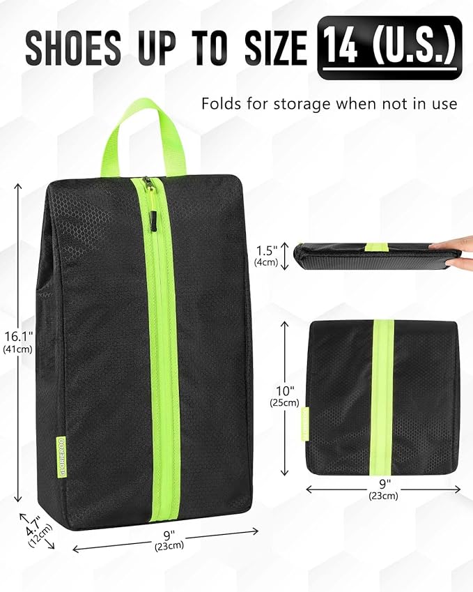 GLORIEROO Smell Proof Shoe Bags for Travel-Soccer Cleat Bag Smell Proof with Active Carbon Fabric | Odor-Absorbing Water-Resistant Track Shoe bags for Sports (2 Black with Green, UP TO US14)