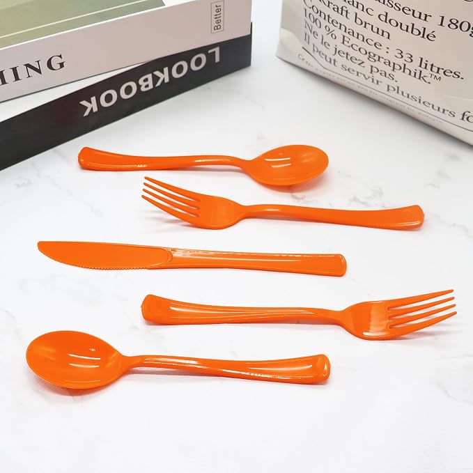150 Pack Orange Plastic Silverware, Orange Plastic Cutlery Disposable Includes 50 Forks, 50 Spoons, 50 Knives for Birthday, Party, Holiday