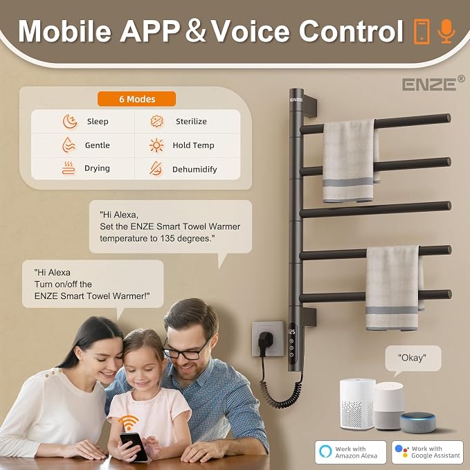 ENZE Smart Rotating Heated Towel Rack for Bathroom, 5-Bar Wall-Mounted Electric Towel Warmer with Swivel Bars, Wi-Fi App Control, 24H Timer, Stainless Steel, IPX5, Hardwired/Plug-in, Gray