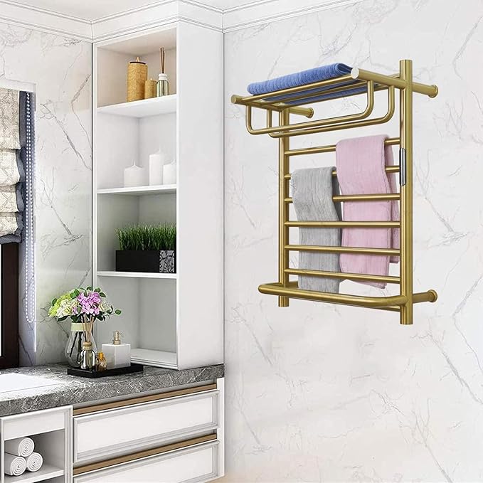 Gold Wall Mounted Heated Towel Rack, Gold Towel Warmer Rack for Bathroom, Timer & Temperature Control Electric Towel Drying Rack with Top Shelf (14 Bars with Top Shelf Brushed Gold A, Hardwired)