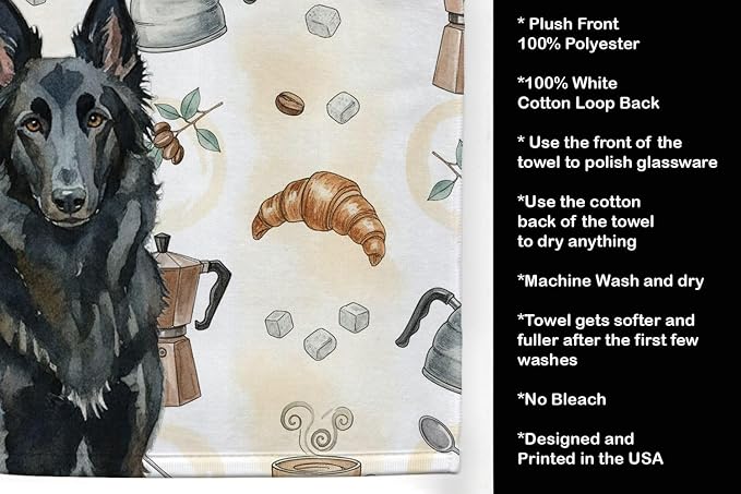 Caroline's Treasures Belgian Sheepdog Groenendael Coffee Bar Kitchen Towel Velour Plush Front and Cotton Loop Back Machine Washable