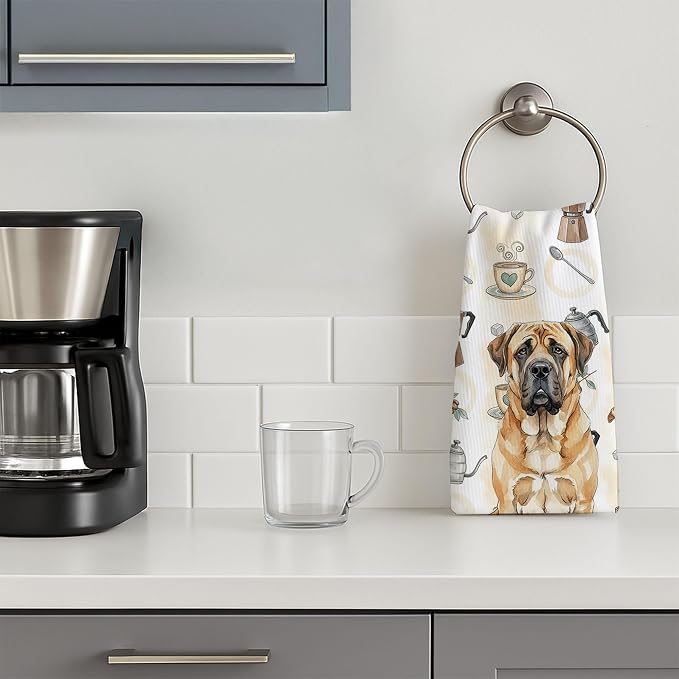 Caroline's Treasures Apricot English Mastiff Coffee Bar Kitchen Towel Velour Plush Front and Cotton Loop Back Machine Washable