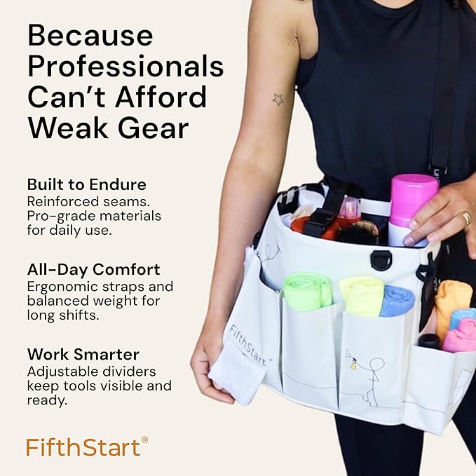 FifthStart Multiuse Cleaning Caddy with Waist & Shoulder Strap,9 Pockets Professional Bag, Mesh Base & Adjustable Compartments - Beige Large Organizer with Handle - Cleaning Caddy Bag (Beige, Large)