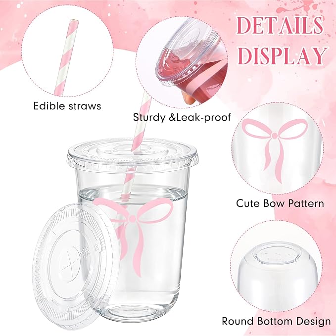 LemonRoad 50sets 16 oz Cute Pink Bow Cups Pink Birthday Party Decorations Supplies Cute Plastic Cups Disposable with Lids and Straws for Valentines Galentines Day Christmas Wedding Baby Shower