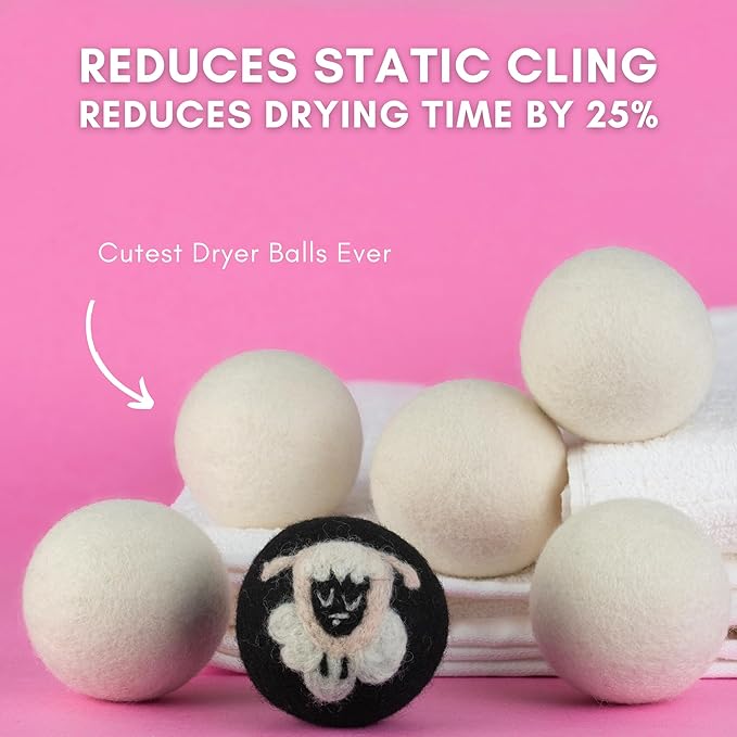 6-Pack XL Organic Wool Dryer Balls - 100% New Zealand Wool, Reuse for 1000 Loads, Fair Trade, Handmade in Nepal, Dryer Balls Laundry Reusable, Black Sheep Dryer Balls, Mesh Laundry Bag