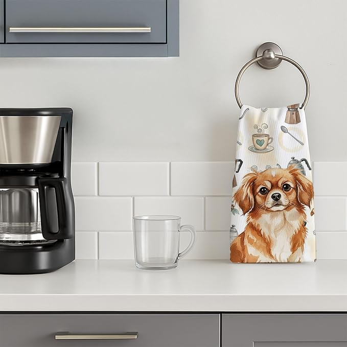 Caroline's Treasures Red Tibetan Spaniel Coffee Bar Kitchen Towel Velour Plush Front and Cotton Loop Back Machine Washable