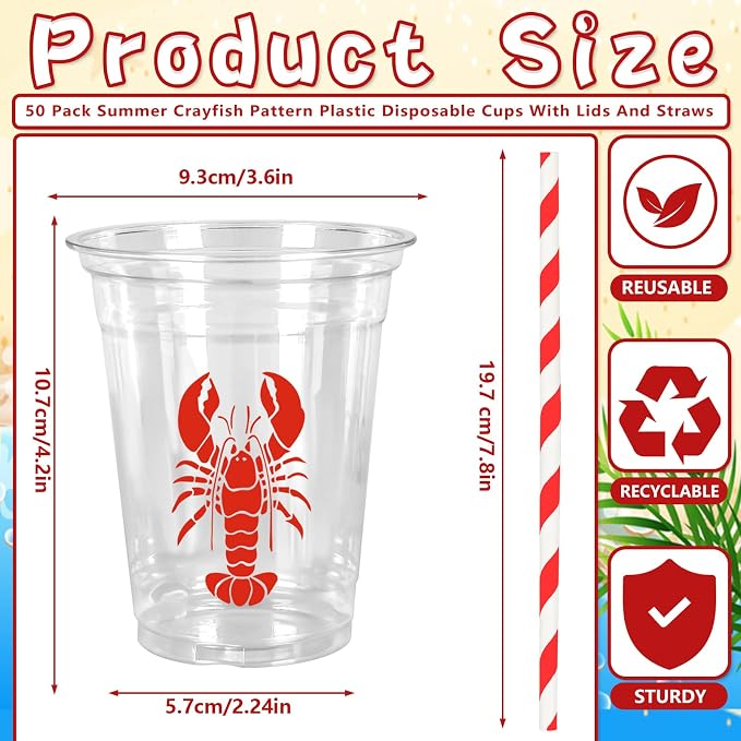FYSUIMU 50Pcs 12 Oz Crawfish Plastic Cups with Lids & Straws Summer Crayfish Disposable Cup Red Lobster Clear Drinking Cups for Seafood Boil Theme Birthday Baby Shower Party Supplies