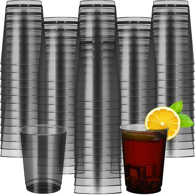 Teenyyou 150 Pcs Black Plastic Party Cups 10 oz Disposable Wedding Cups Heavy Duty Plastic Cups Fancy Cocktail Cups Drinking Tumblers for Family Gatherings Parties Afternoon Tea Wedding