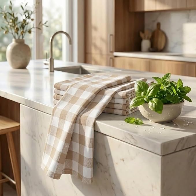 Urban Villa Kitchen Towels Set of 6 Buffalo Checks Taupe/Chocolate/Ivory 20X30 Inches Kitchen Towels 100% Cotton Highly Absorbent Premium Quality Ultra Soft Bar Tea Towels with Mitered Corners