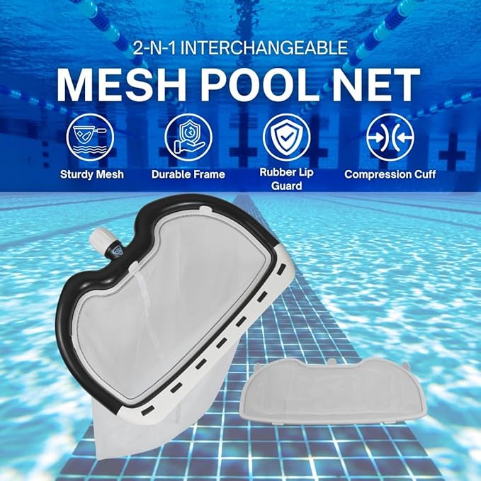 Wessel-Werk Pool Net Skimmer with 2-in-1 Swimming Pool Leaf Net & Fine Mesh Pool Skimmer Net with Sturdy Frame & Rubber Guard, Compression Cuff Fits 1.25-inch Poles