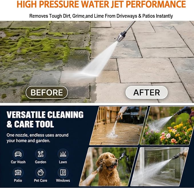 High Pressure Hose Nozzle – Turn Any Hose into Pressure Washer, 2026 Heavy Duty Garden Hose Spray Nozzle, 3 Spray Modes,Multi-Function Water Jet Sprayer for Car Wash,Garden,Lawn & Patio Cleaning