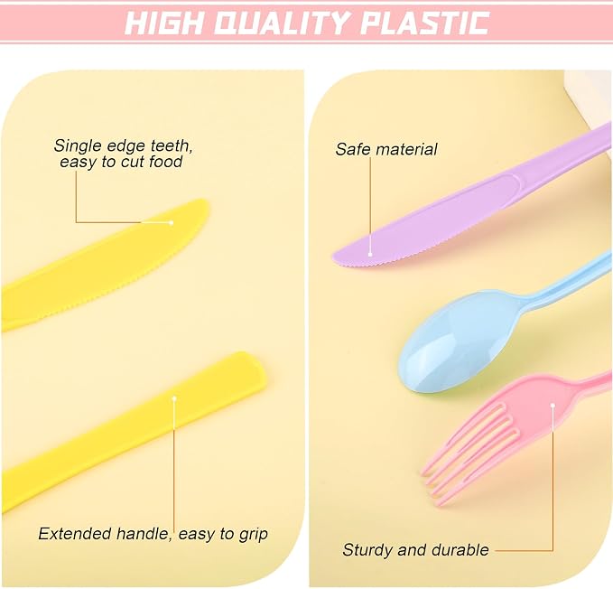 Kochorie 300 Pieces Graduation Pastel Plastic Silverware Heavy Duty Plastic Cutlery Set Heavyweight Disposable Utensils Includes Spoons Forks Knives for Birthday Wedding Dinner, Macaron Colors