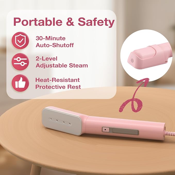 Newbealer 2in1 Travel Iron, 100-240V Clothes Steamer, 2 Steam Levels, Pink | Portable for On-the-Go, Heats in 20s, Dry Iron No Clamp, 180° Rotatable Head, 360° Leak-Proof, Auto-Off, Self-Cleaning, 90ml