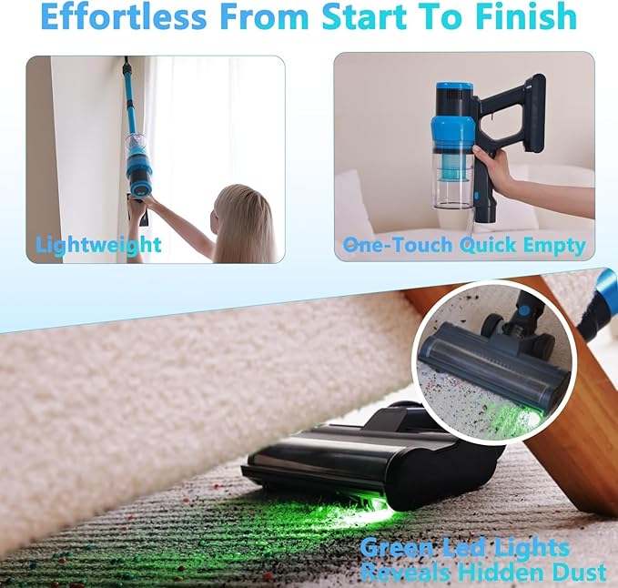 Cordless Stick Vacuum Cleaner: 400W & 48kPa Suction with 65Min Runtime, Self-Standing with Green Light & Anti-Tangle Brush, Rechargeable Lightweight Vacuum for Home Pet Hair on Carpet and Hard Floors