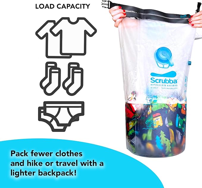 Scrubba WATERCLEAR Wash Bag - Patented Washboard-in-a-Bag™ Portable Manual Washing Machine for Travel, Camping, Backpacking & Cruise - Larger Water Inlet/Outlet for Easy Rinsing - (6.9 oz)