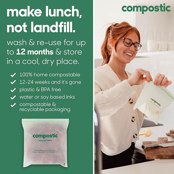 Compostic Compostable Gallon Bags (60 Count) Starter Pack — Resealable Zip-Seal, Plant-Based, Home Compostable, Freezer Safe, BPA-Free, Non-Toxic, GMO-Free Food Storage Bags