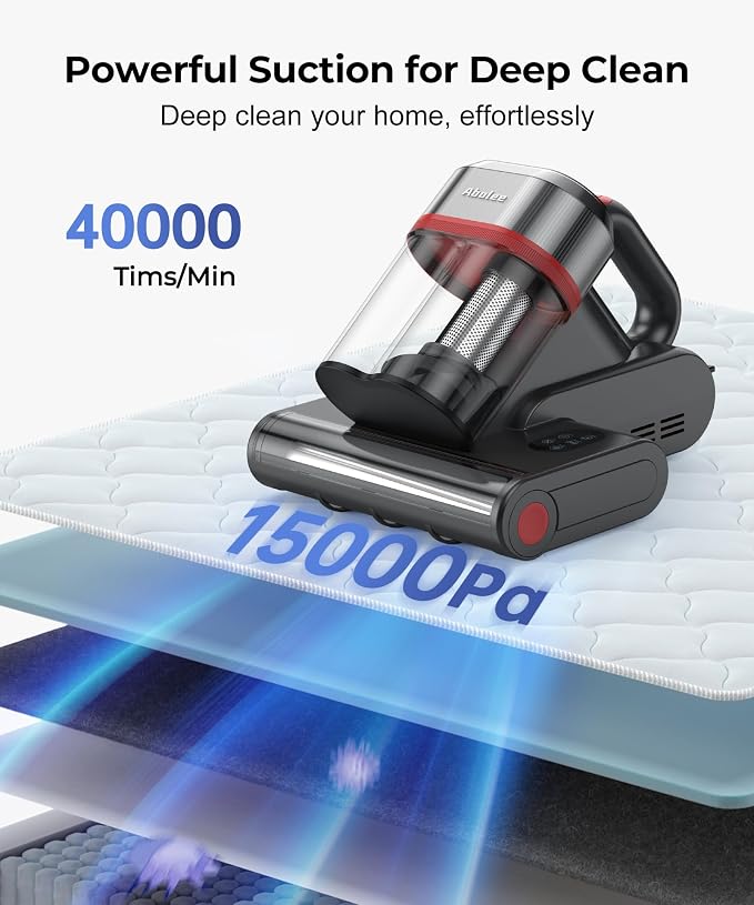 Abolee Bed Vacuum Cleaner, 6-in-1 Mattress Vacuum Cleaner Bed Vacuum Cleaner with UV-C Light & 15kPa Suction, Powerful Double-Cup Handheld Vacuum, Corded Handheld Vacuum for Dust, Silver-Gray