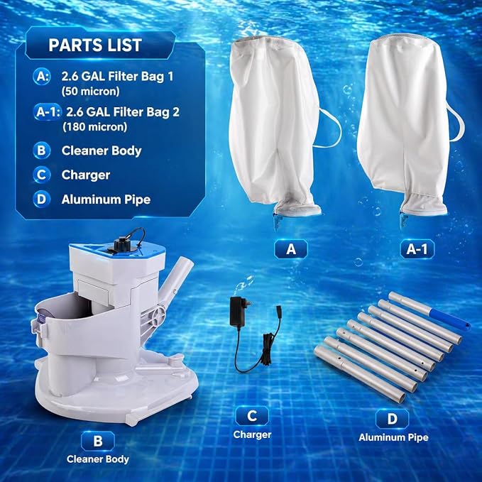 2026 Upgraded Cordless Pool Leaf Vacuum Cleaner with Dual Filter Bags for Above Ground & Inground Pools – Heavy Duty Swimming Pool Vacuum with Pole, 48GPM Strong Suction for Easy Leaf & Debris Removal