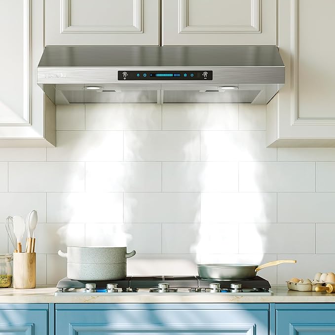 HisoHu 30 Inch Under Ducted Cabinet Range Hood with 1200 CFM, 4 Speed Gesture Sensing Kitchen Exhaust Hood & Touch Control Panel, Stainless Steel Stove Vent Hood with 2 LED Lights