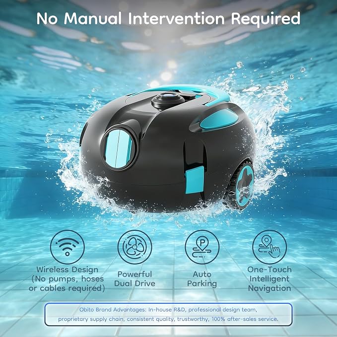 Obito H1 Robotic Pool Cleaner, Powerful Robotic Cleaner with Dual Suction Inlets, Cordless Automatic Pool Cleaner for Cleaning the Bottom of the Pool, 130-Min Runtime (Cannot Climb Walls)