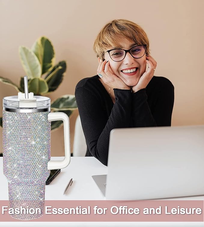 HWISDMIG 40oz Tumbler with Handle-Glitter Rhinestones Tumbler Bling Cups Stainless Steel Water Bottle Diamond Studded Tumbler for Women-Birthday Gifts for Women, Mom, Wife, Girlfriend (40 oz, Shiny)