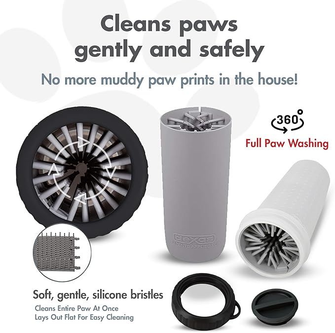 Dexas Lidded MudBuster Large Dog Paw Cleaner, Light Gray, Fits 2.5"-3.5" Wide Paws Gentle Silicone Bristles for Quick, Easy Cleaning