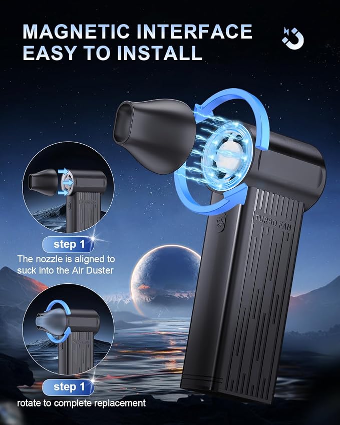 Rechargeable Compressed Air Duster, Min Blower Jet Turbo Fan, 200,000RPM 3-Gear Adjustable,Car Dryer Air Blower Cleaning,Air Cleaner for Computer,Cordless Leaf Blower Multi-Use