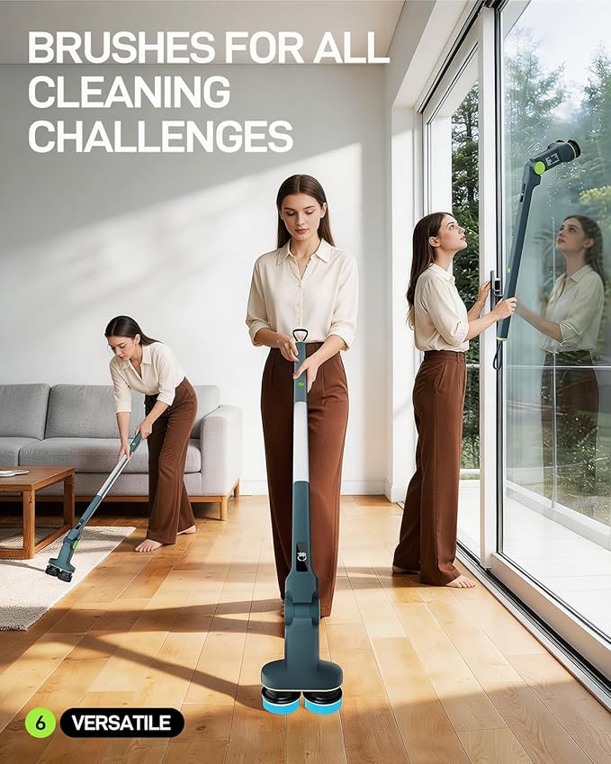 Electric Cleaning Brush, Dual Head Power Brush Scrubber with Infrared Control, 8-in-1 Cordless Power Scrubber for Bathroom & Shower, Electric Scrubber with Adjustable Handle for Bathtub, Tile, Floor