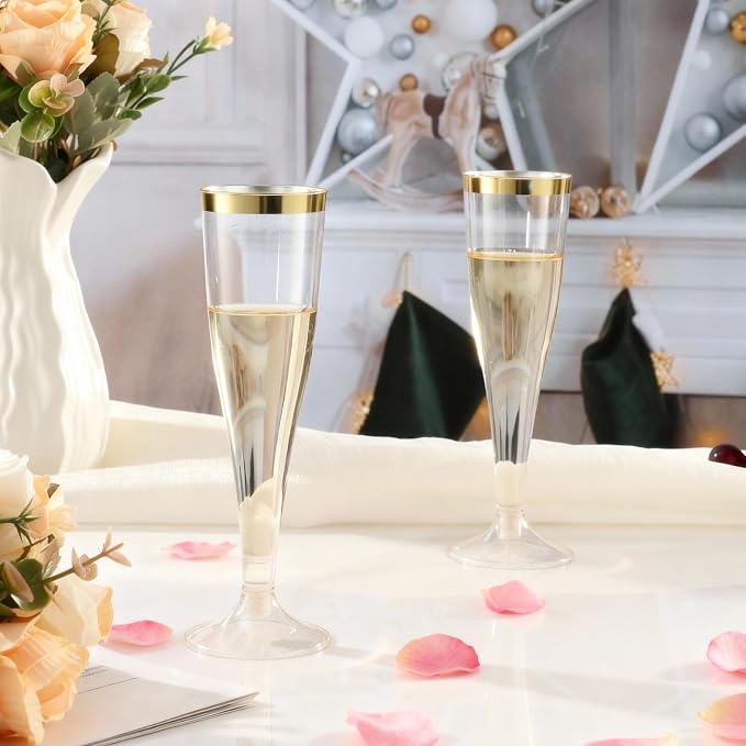 Bestluck 100 Pack Champagne Flutes Plastic with Gold Rim, 4.5 oz Clear Plastic Disposable Stemware, Disposable Champagne Flutes for Party, Mimosa Bar, Wedding, Anniversary and Graduation